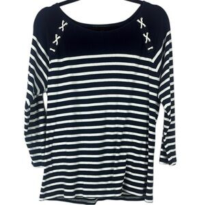 Lauren Ralph Lauren Navy & White Striped 3/4 Sleeve Cotton Knit Size XL